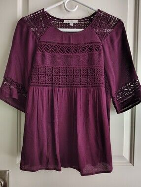 Pale Sky Burgundy Boho Crochet Blouse Size PXS